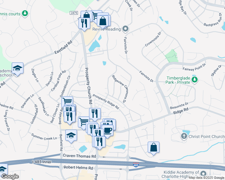 map of restaurants, bars, coffee shops, grocery stores, and more near 6246 Prosperity Commons Drive in Charlotte