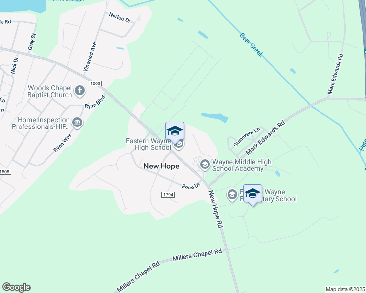 map of restaurants, bars, coffee shops, grocery stores, and more near 1135 East New Hope Road in Goldsboro