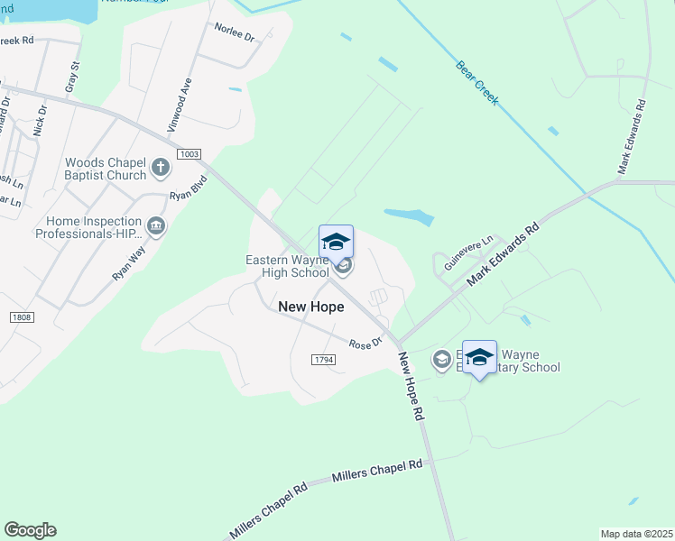 map of restaurants, bars, coffee shops, grocery stores, and more near 1135 East New Hope Road in Goldsboro