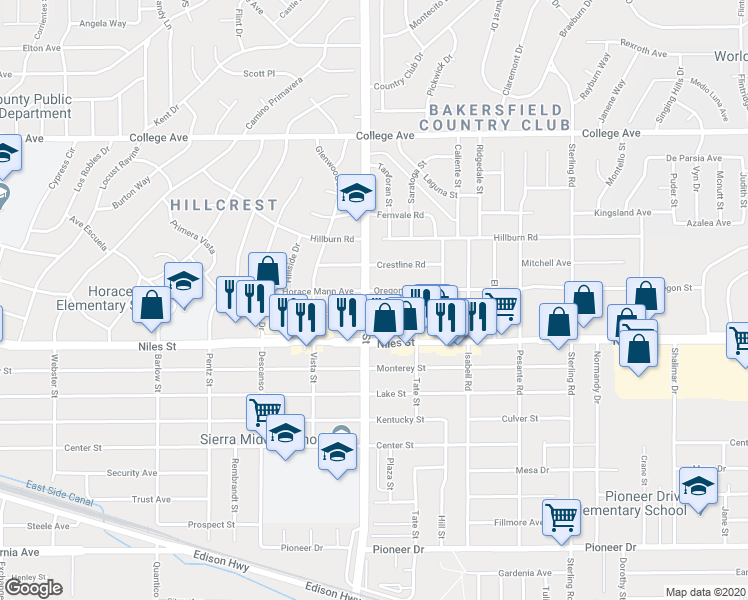 map of restaurants, bars, coffee shops, grocery stores, and more near 3039 Horace Mann Avenue in Bakersfield