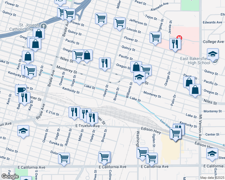 map of restaurants, bars, coffee shops, grocery stores, and more near 1426 Lake Street in Bakersfield