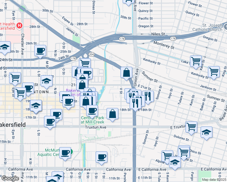 map of restaurants, bars, coffee shops, grocery stores, and more near 408 20th Street in Bakersfield