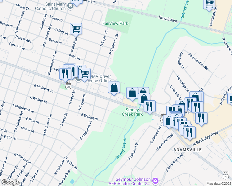 map of restaurants, bars, coffee shops, grocery stores, and more near 2101-2199 East Peachtree Street in Goldsboro