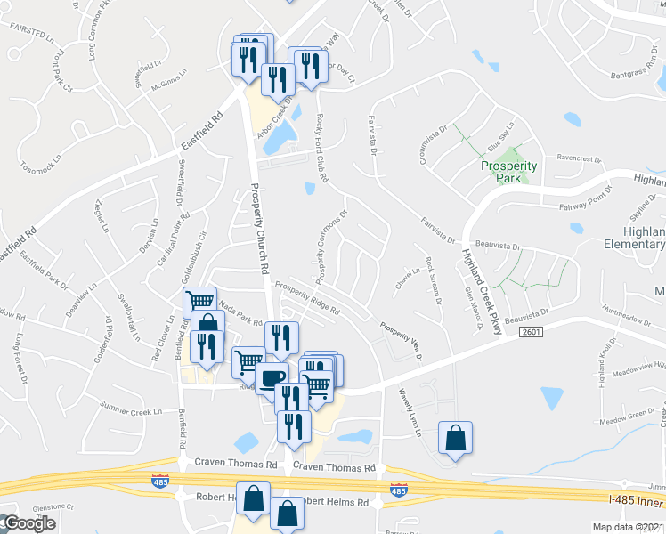 map of restaurants, bars, coffee shops, grocery stores, and more near 6246 Prosperity Commons Drive in Charlotte