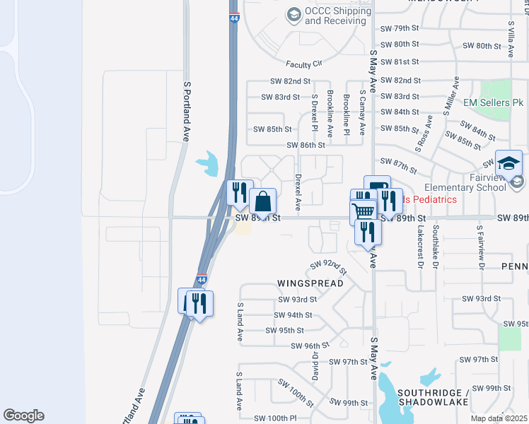 map of restaurants, bars, coffee shops, grocery stores, and more near 3131 Southwest 89th Street in Oklahoma City