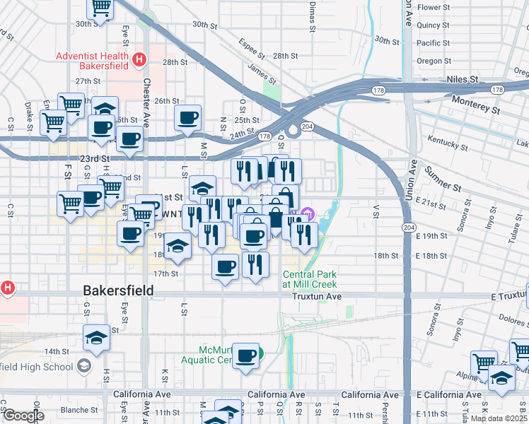 map of restaurants, bars, coffee shops, grocery stores, and more near 820 20th Street in Bakersfield