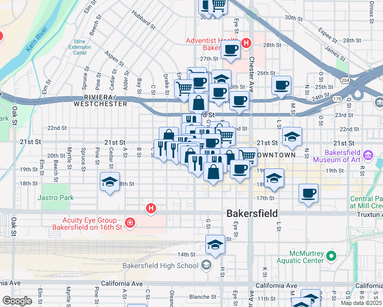 map of restaurants, bars, coffee shops, grocery stores, and more near 2001 F Street in Bakersfield