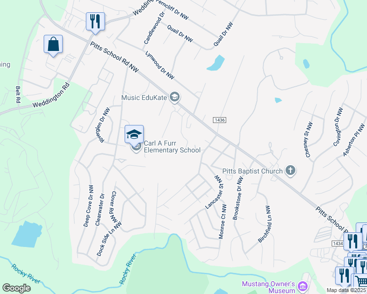 map of restaurants, bars, coffee shops, grocery stores, and more near 2668 Brackley Place Northwest in Concord
