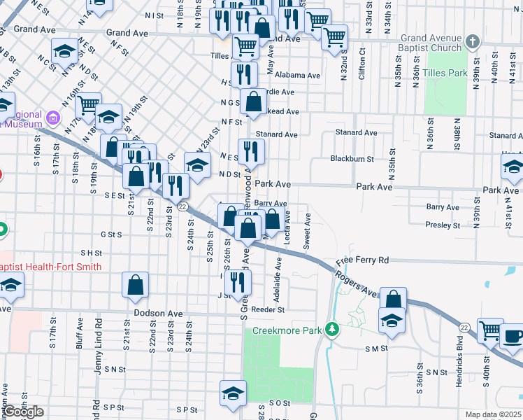 map of restaurants, bars, coffee shops, grocery stores, and more near 217 North May Avenue in Fort Smith