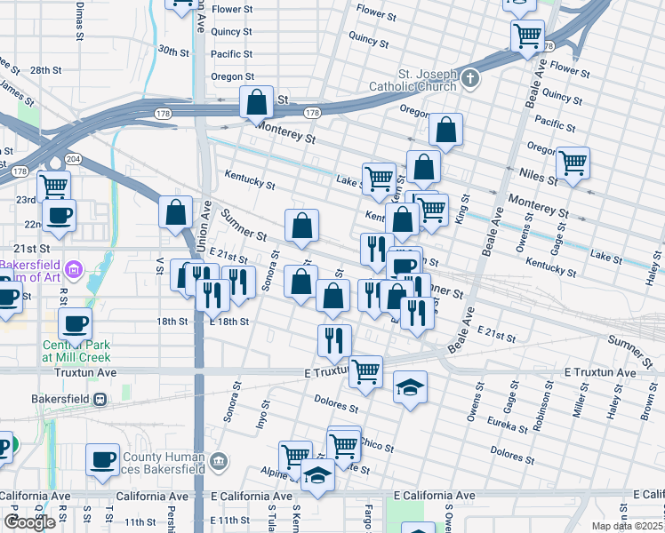 map of restaurants, bars, coffee shops, grocery stores, and more near 427 Sumner Street in Bakersfield