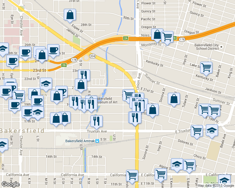 map of restaurants, bars, coffee shops, grocery stores, and more near 408 20th Street in Bakersfield
