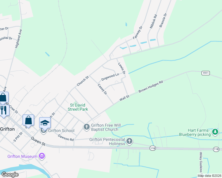 map of restaurants, bars, coffee shops, grocery stores, and more near 710 Birch Road in Grifton