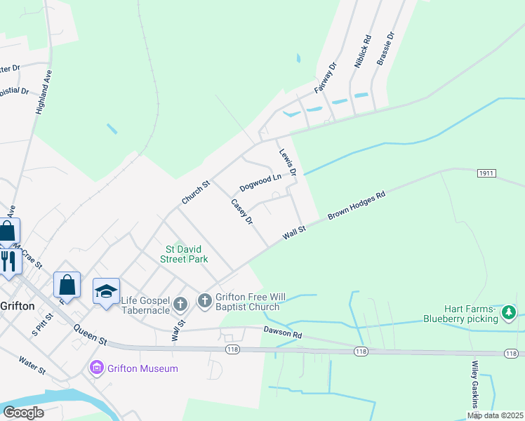 map of restaurants, bars, coffee shops, grocery stores, and more near 710 Birch Road in Grifton