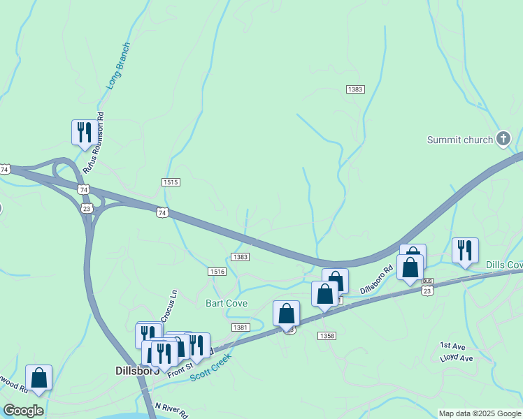 map of restaurants, bars, coffee shops, grocery stores, and more near 32 Hoover Robinson Road in Sylva