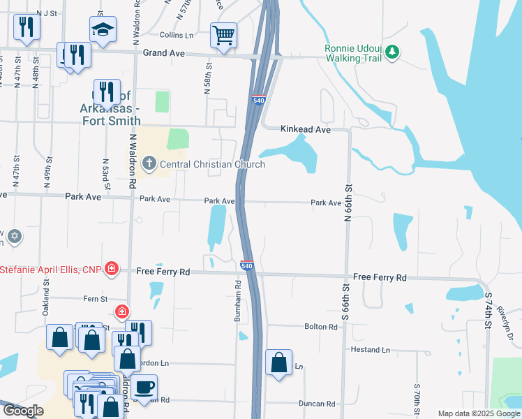map of restaurants, bars, coffee shops, grocery stores, and more near 5916 Park Avenue in Fort Smith