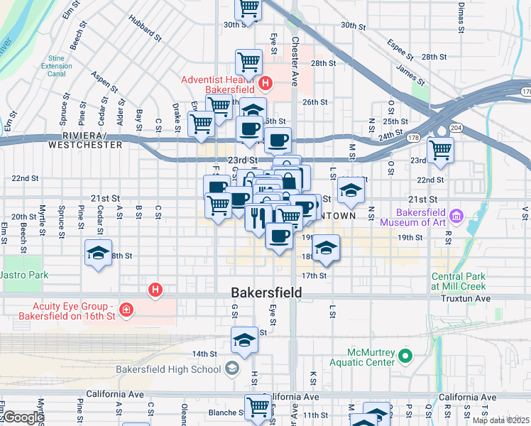 map of restaurants, bars, coffee shops, grocery stores, and more near 1614 20th Street in Bakersfield