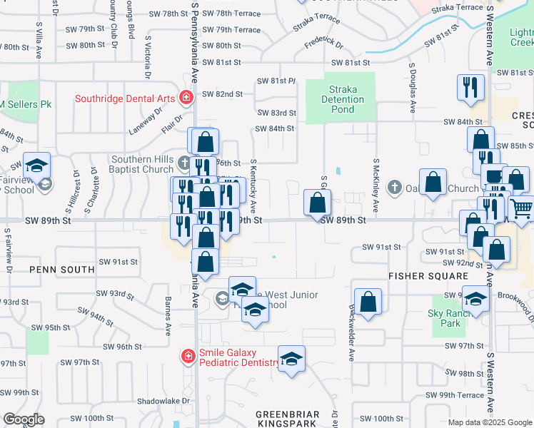 map of restaurants, bars, coffee shops, grocery stores, and more near 8917 South Indiana Avenue in Oklahoma City