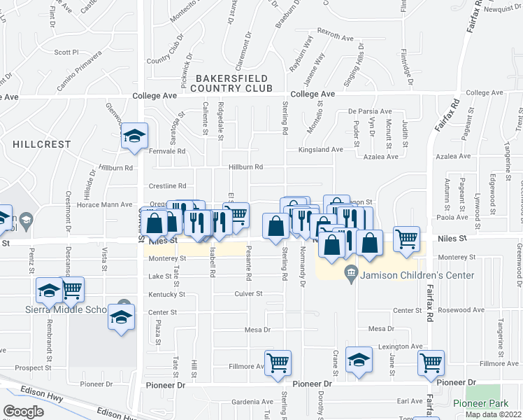 map of restaurants, bars, coffee shops, grocery stores, and more near 3811 Oregon Street in Bakersfield