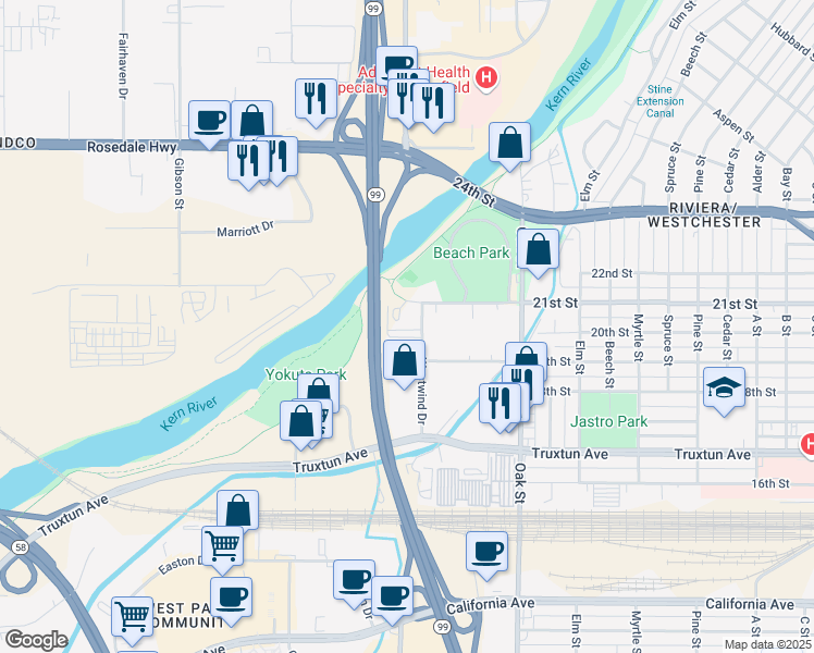 map of restaurants, bars, coffee shops, grocery stores, and more near 2015 Westwind Drive in Bakersfield