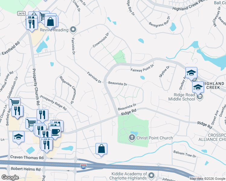 map of restaurants, bars, coffee shops, grocery stores, and more near 6203 Maple Cove Lane in Charlotte