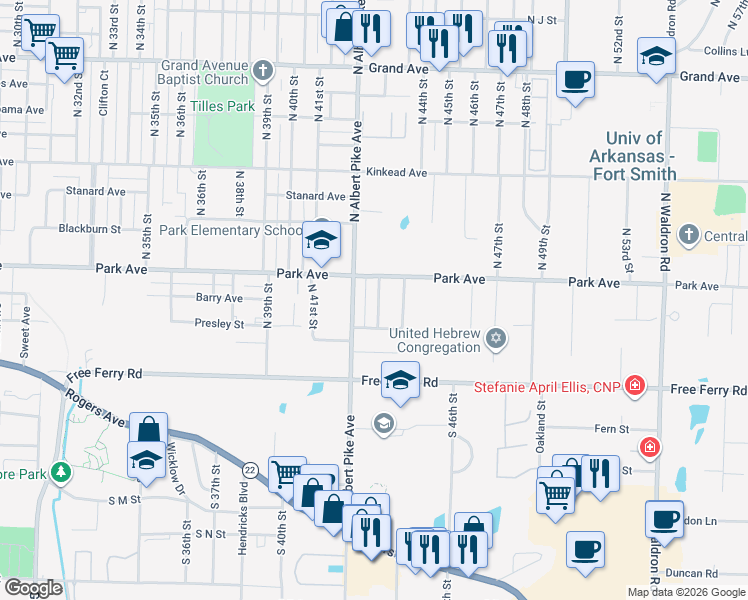 map of restaurants, bars, coffee shops, grocery stores, and more near 306 North 43rd Street in Fort Smith