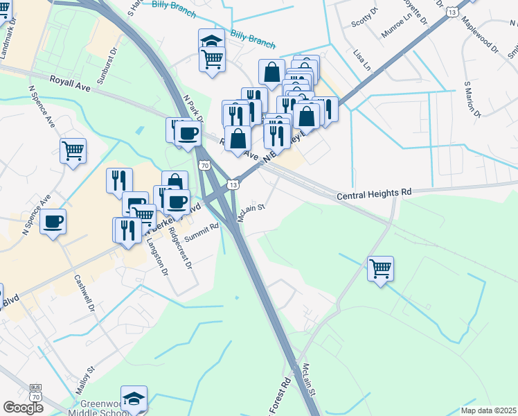 map of restaurants, bars, coffee shops, grocery stores, and more near 2815 McLain Street in Goldsboro