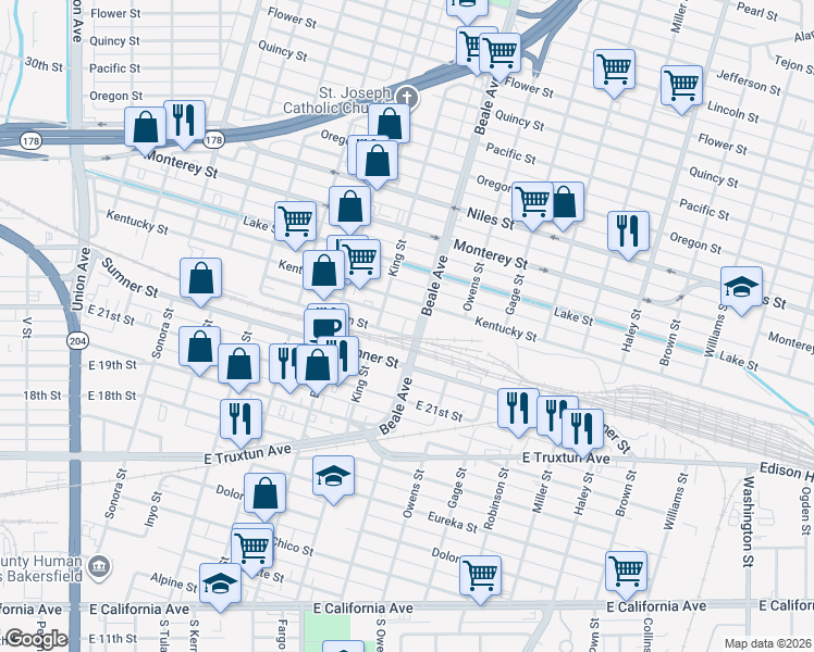 map of restaurants, bars, coffee shops, grocery stores, and more near 820 Jackson Street in Bakersfield