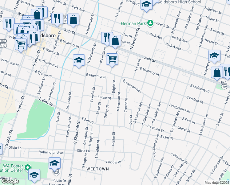 map of restaurants, bars, coffee shops, grocery stores, and more near 302 Bright Street in Goldsboro