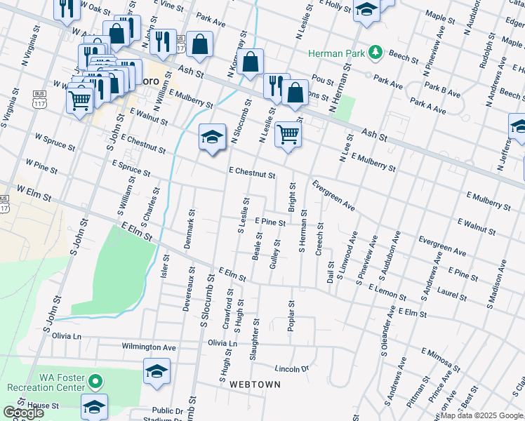 map of restaurants, bars, coffee shops, grocery stores, and more near 313 Beale Street in Goldsboro