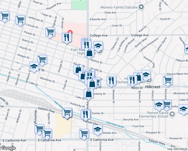 map of restaurants, bars, coffee shops, grocery stores, and more near 2224 Oregon Street in Bakersfield