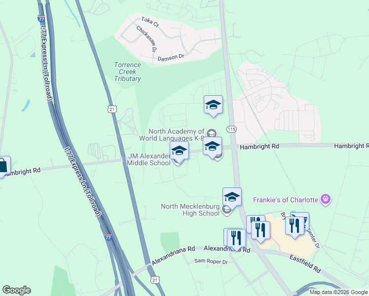 map of restaurants, bars, coffee shops, grocery stores, and more near 11939 Hambright Road in Huntersville