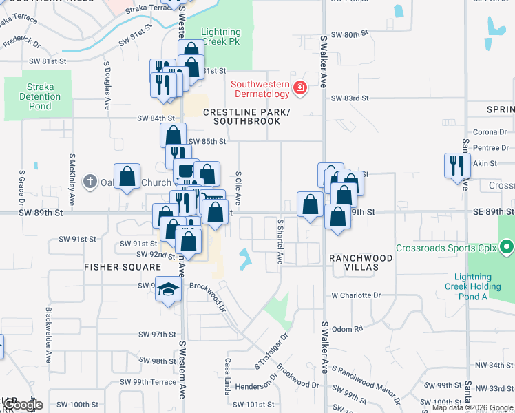 map of restaurants, bars, coffee shops, grocery stores, and more near 731 Southwest 89th Street in Oklahoma City