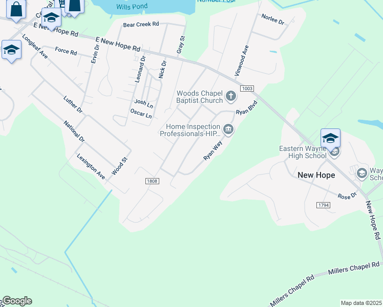 map of restaurants, bars, coffee shops, grocery stores, and more near 322 Ryan Boulevard in Goldsboro