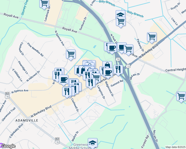 map of restaurants, bars, coffee shops, grocery stores, and more near 703 North Berkeley Boulevard in Goldsboro