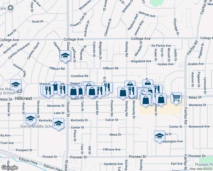map of restaurants, bars, coffee shops, grocery stores, and more near 1323 El Serento Drive in Bakersfield