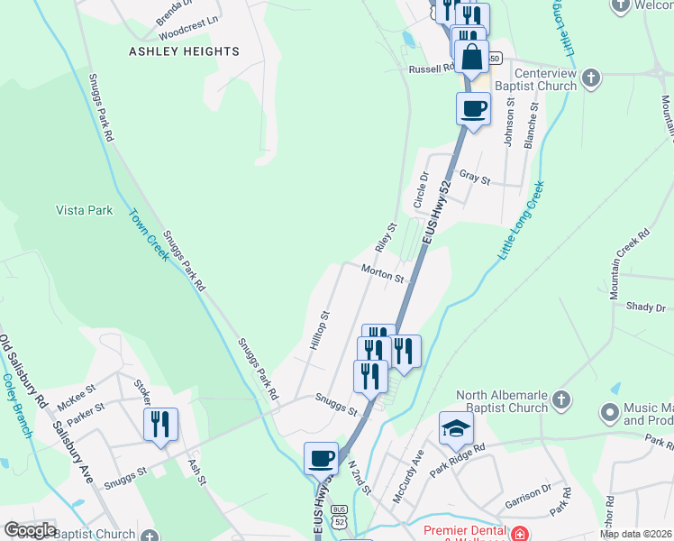 map of restaurants, bars, coffee shops, grocery stores, and more near 1495 Hilltop Street in Albemarle