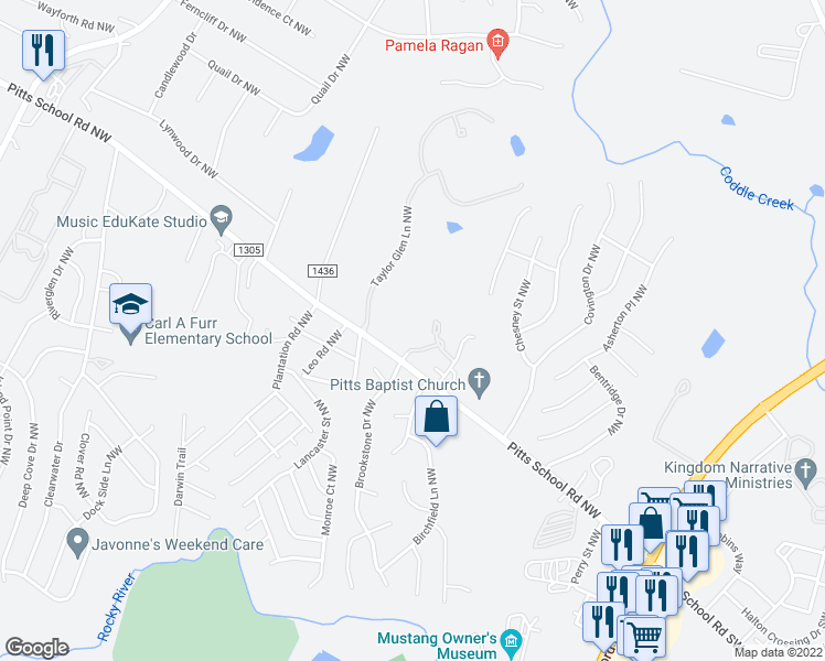 map of restaurants, bars, coffee shops, grocery stores, and more near 240 Pitts School Road Northwest in Concord