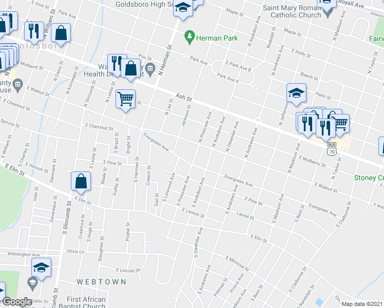 map of restaurants, bars, coffee shops, grocery stores, and more near 105 South Pineview Avenue in Goldsboro