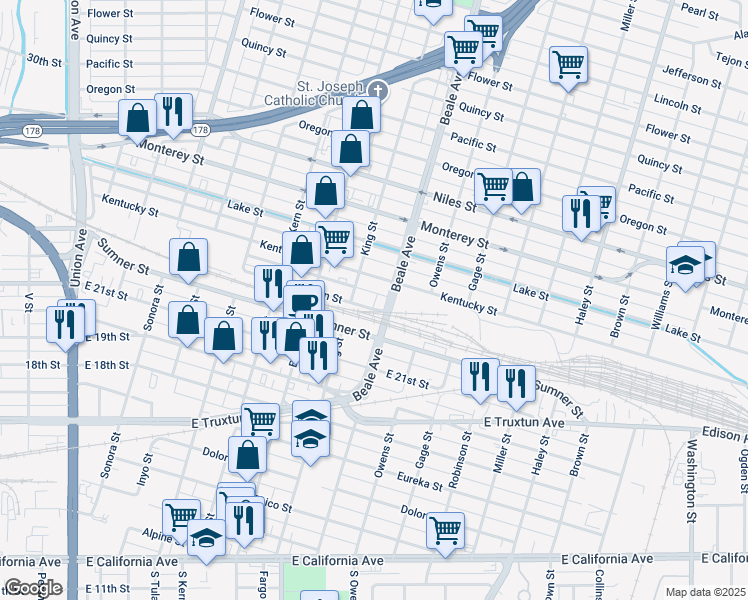 map of restaurants, bars, coffee shops, grocery stores, and more near 800 Jackson Street in Bakersfield