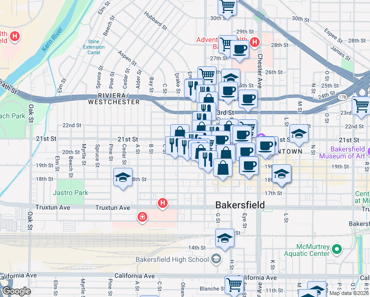 map of restaurants, bars, coffee shops, grocery stores, and more near 2001 E Street in Bakersfield