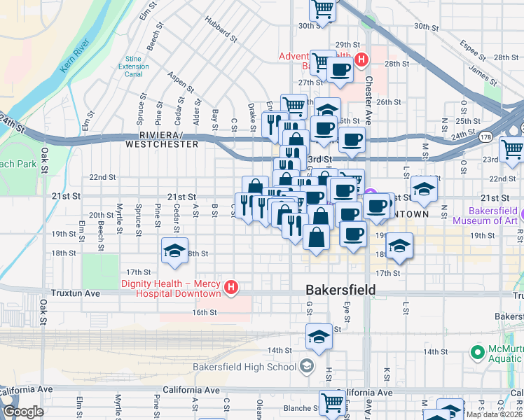 map of restaurants, bars, coffee shops, grocery stores, and more near 2016 20th Street in Bakersfield