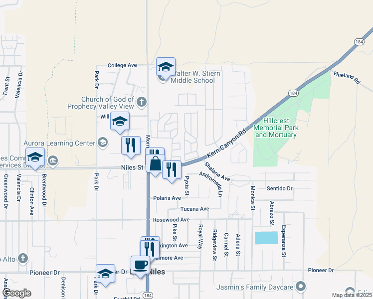 map of restaurants, bars, coffee shops, grocery stores, and more near 8500 Kern Canyon Road in Bakersfield