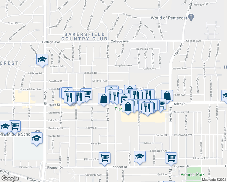 map of restaurants, bars, coffee shops, grocery stores, and more near 3925 Oregon Street in Bakersfield