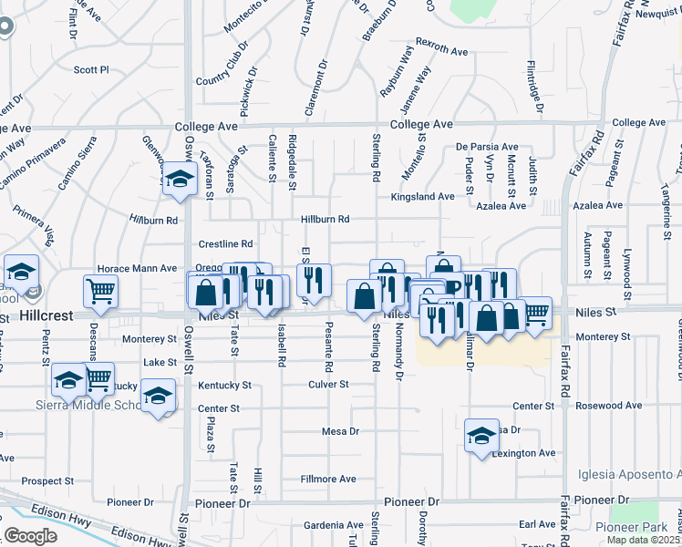 map of restaurants, bars, coffee shops, grocery stores, and more near 3805 Oregon Street in Bakersfield