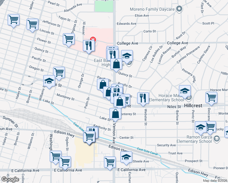 map of restaurants, bars, coffee shops, grocery stores, and more near 2123 Oregon Street in Bakersfield