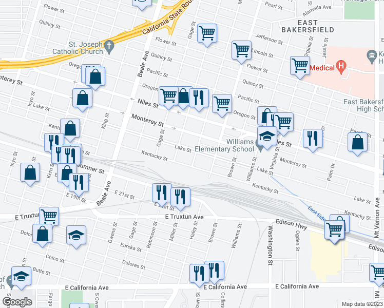 map of restaurants, bars, coffee shops, grocery stores, and more near 1018 Miller Street in Bakersfield