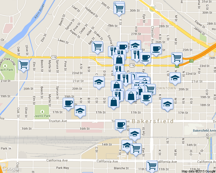 map of restaurants, bars, coffee shops, grocery stores, and more near 2001 E Street in Bakersfield