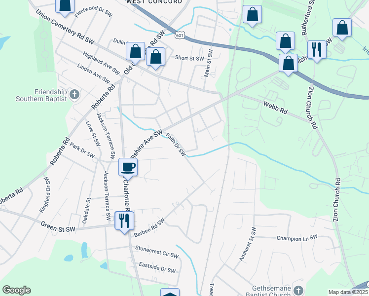 map of restaurants, bars, coffee shops, grocery stores, and more near 527 Branch Drive Southwest in Concord