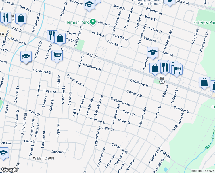 map of restaurants, bars, coffee shops, grocery stores, and more near 1302 East Walnut Street in Goldsboro