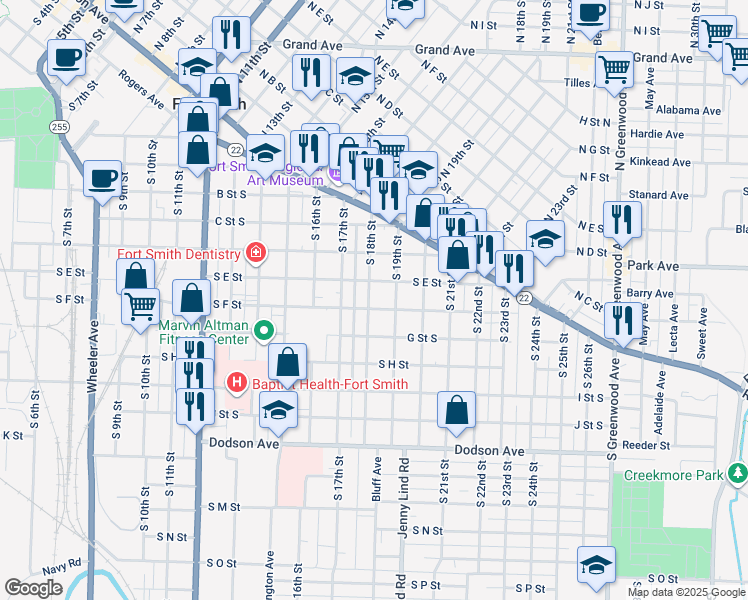 map of restaurants, bars, coffee shops, grocery stores, and more near 619 South 18th Street in Fort Smith
